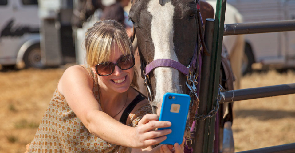 Woman takes a selfie with a horse at equestrian event