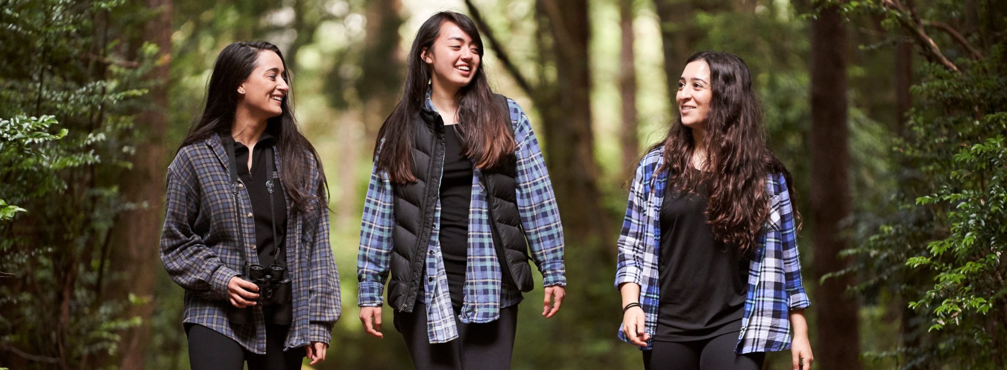 Three women walking through a forested trail on the Wild Rivers Coast.