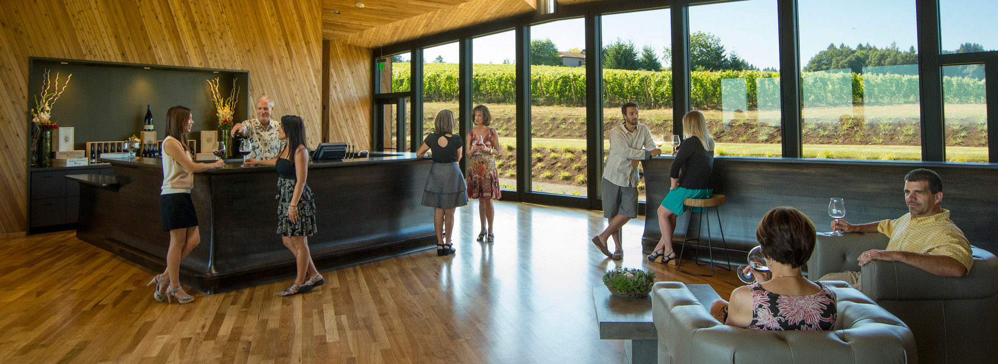 wine tasting in a clean, modern tasting room.