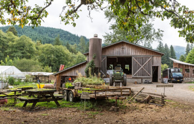 Rustic wood barn with tractor