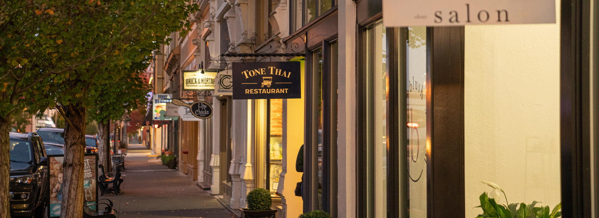 View of shops along main street at dusk.