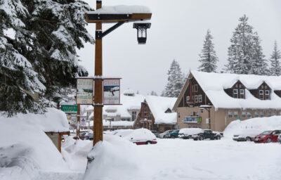 Snowy image of Mt. Hood businesses.