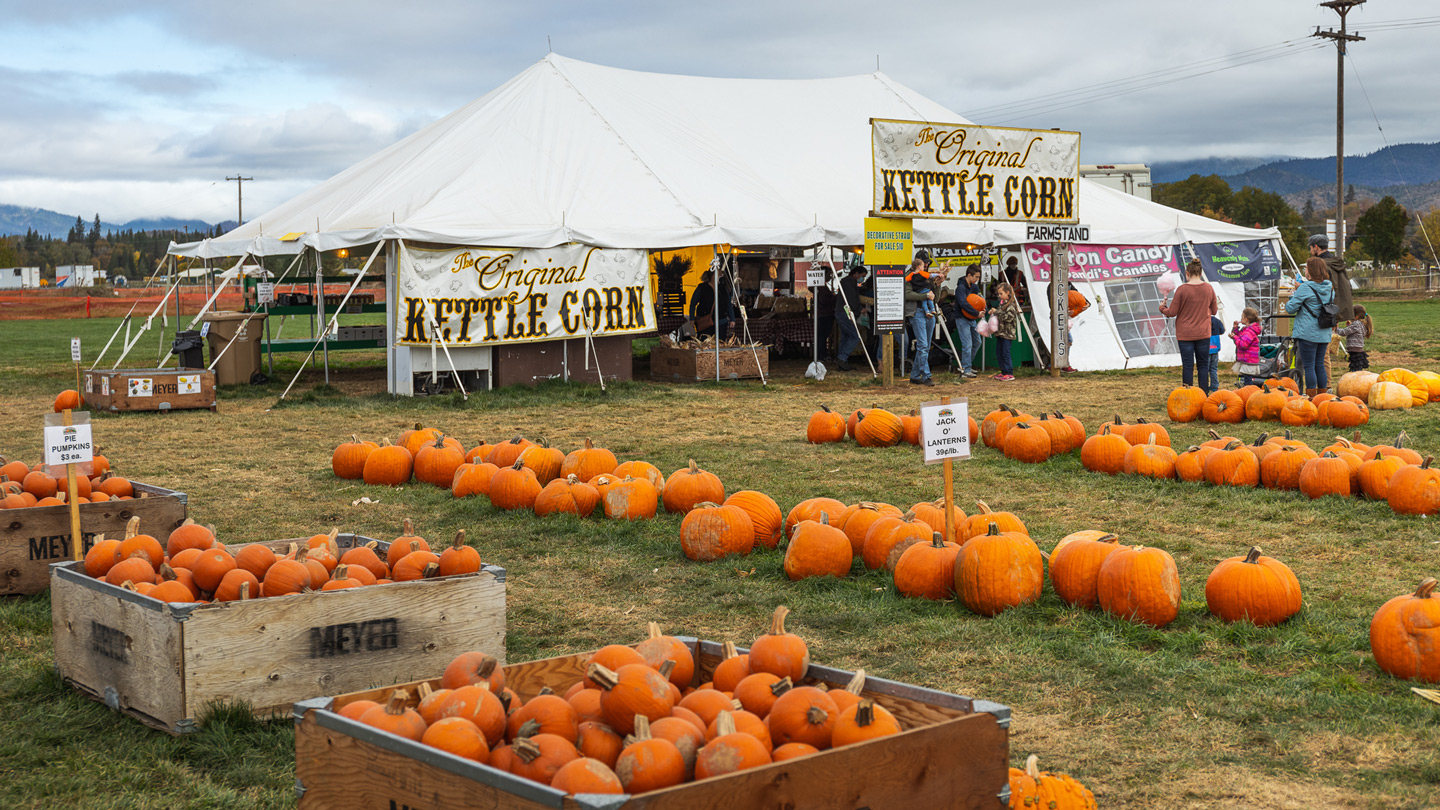 large tent outdoors selling pumpkins and kettle corn