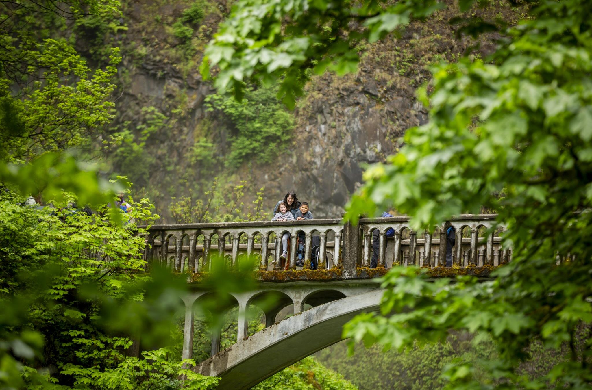 People on a cement bridge looking at a waterfall surrounded by lush greenery